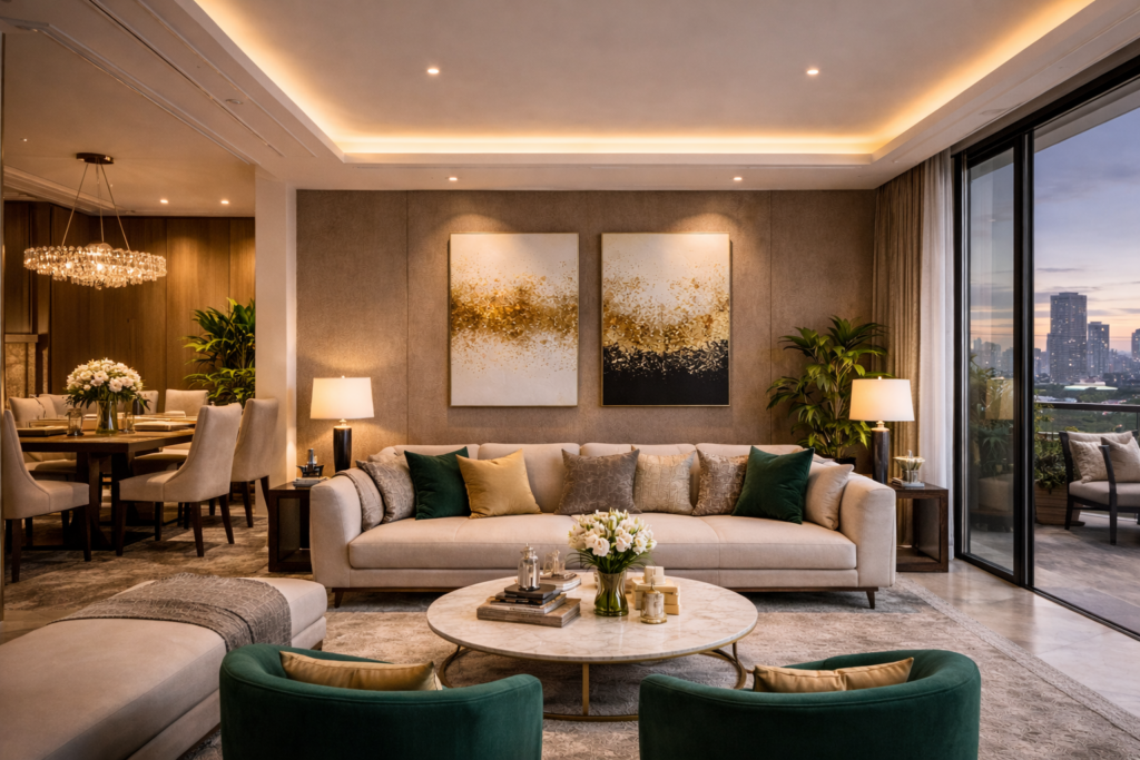 Neutral luxury living room interior design in Noida