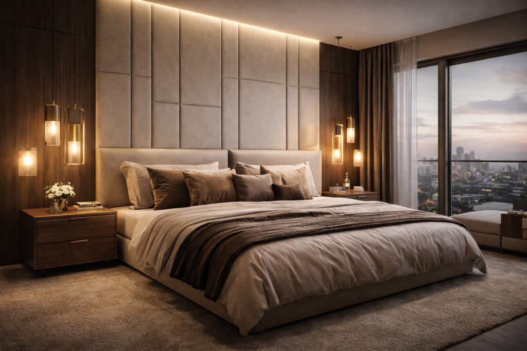 Luxury bedroom interior design in Delhi NCR with refined lighting, colour harmony, and personalised styling
