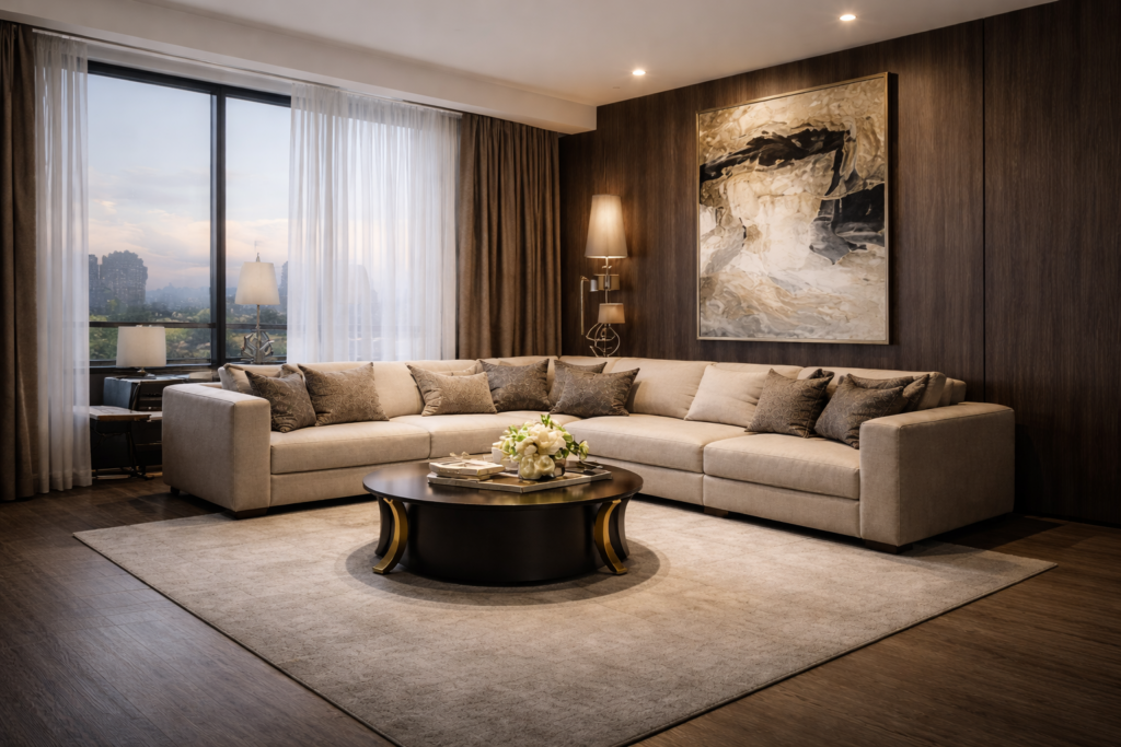 Luxury modern living room interior design in Noida featuring premium furniture and elegant lighting