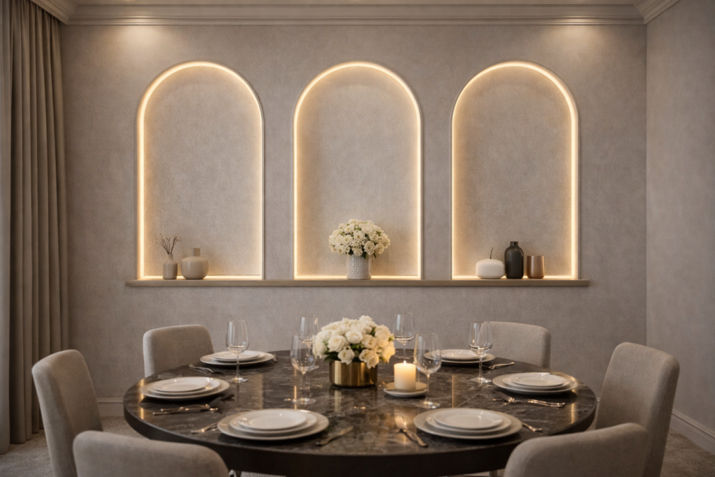 modern dining area wall design arched niches.jpg