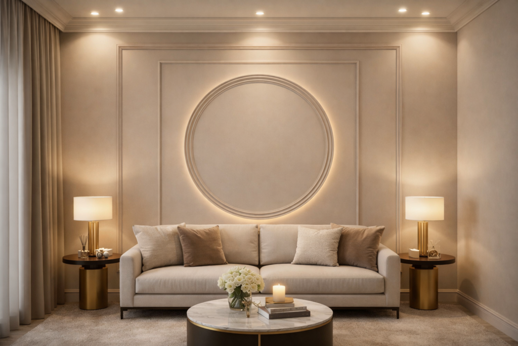 modern living room wall design round moulding.jpg