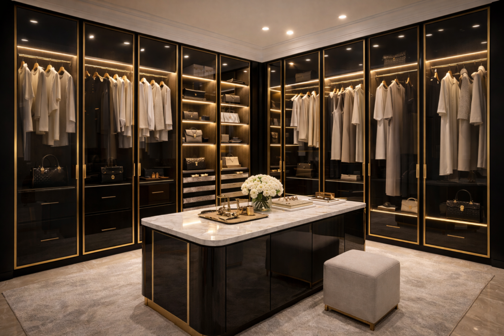 parallel walk in wardrobe black glass gold profile.jpg